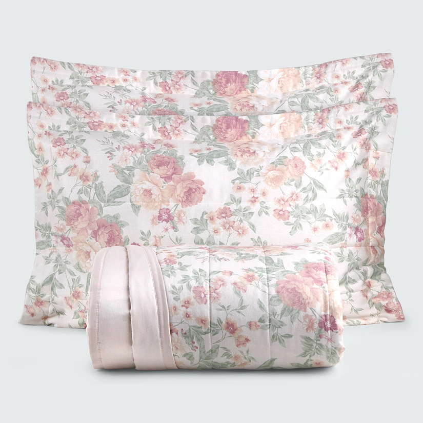 Kit Colcha Cetim 210 Fios 100% Algodão Poetic Rose